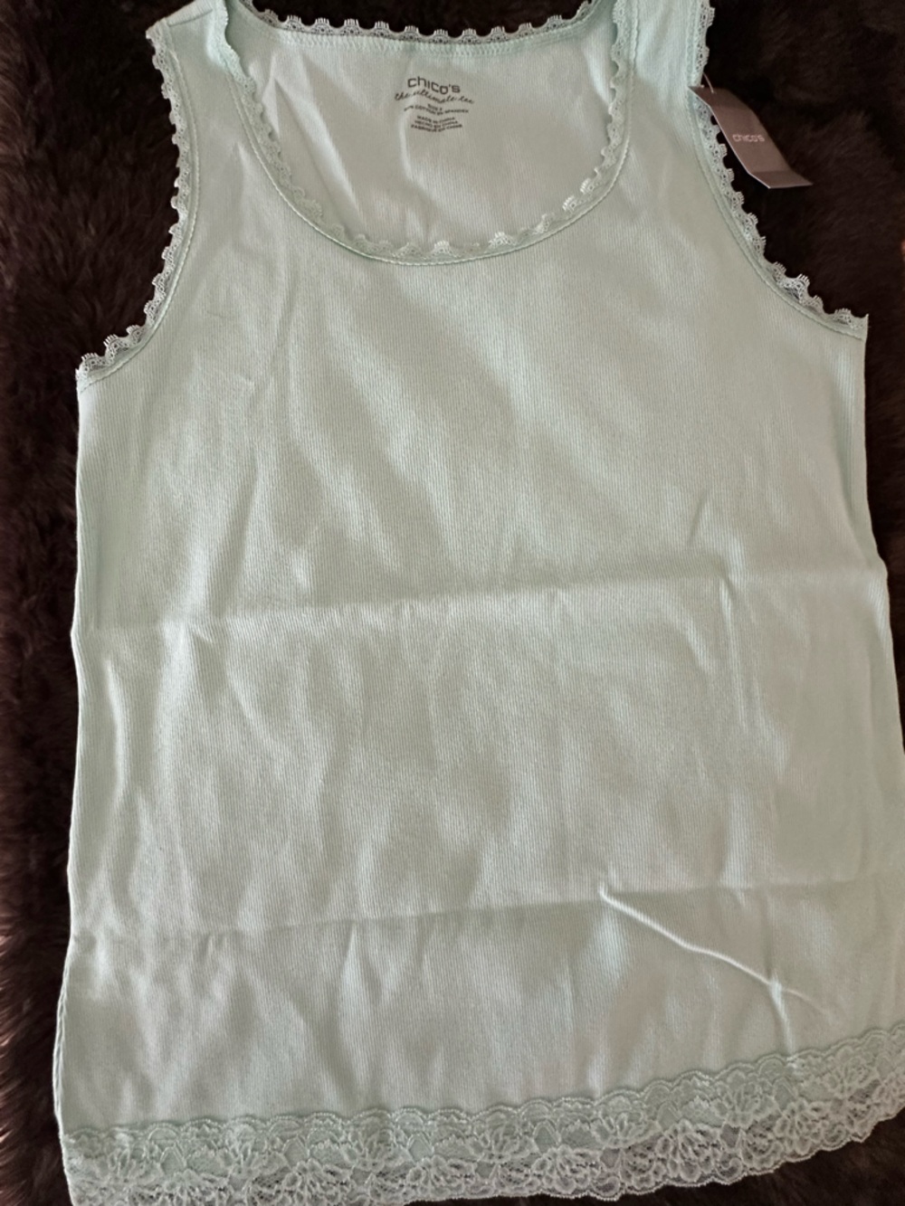 Chico's Pale Mint Green Ribbed Tank with Lace Trim NWT